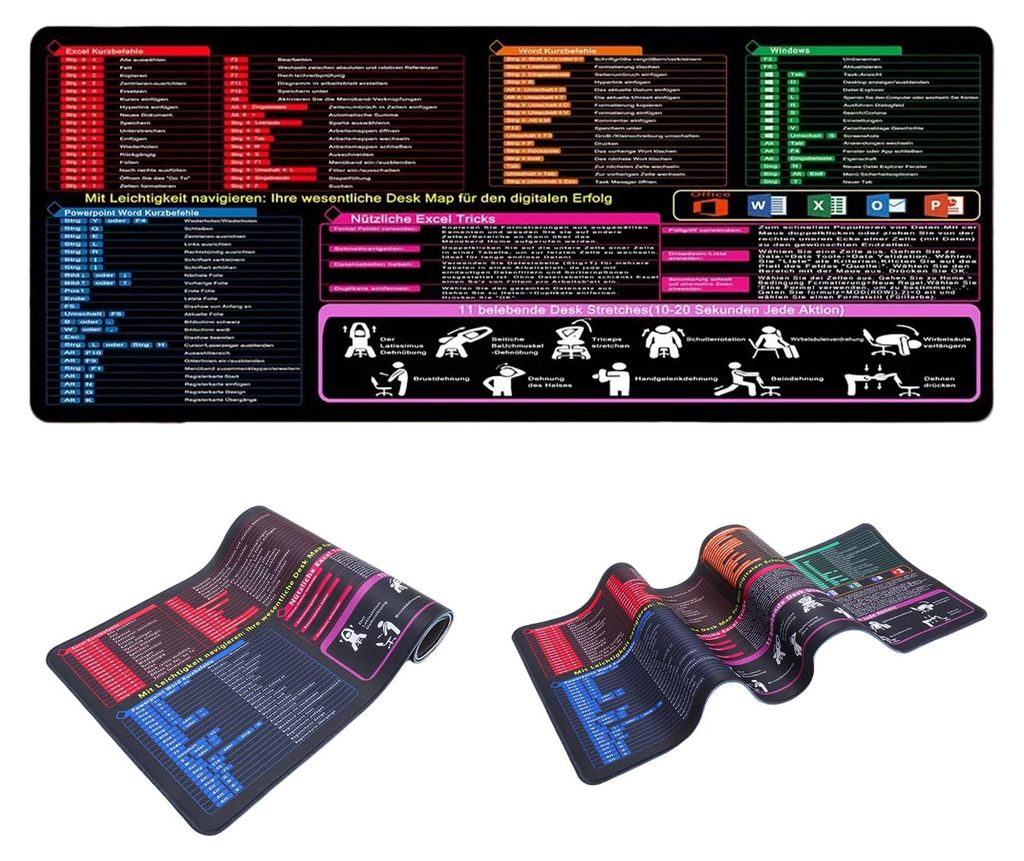 Mauspad, Excel-Mauspad, Mauspad mit kleinen Tastenkombinationen (Deutsch), Gaming-Mauspad, rutschfest, wasserdicht, Excel-Schreibtischunterlage mit...