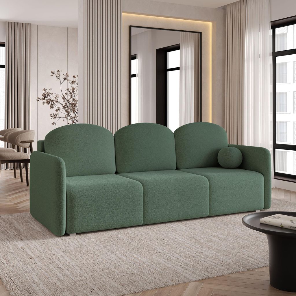 Sofa SUVI III mit Schlaffunktion, Schlafsofa, Wohnzimmersofa, Couch, Soffa, Bettsofa, Bucle-Stoff – Grün QUELLE 37