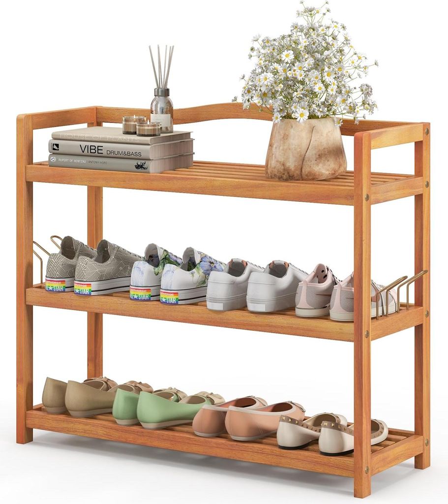 GOPLUS Schuhregal Holz, Schuhschrank mit 4 seitlichen Metallhaken, Schuhablage mit Tragfähigkeit von 20 kg pro Ebene, für Wohnzimmer, Schlafzimmer