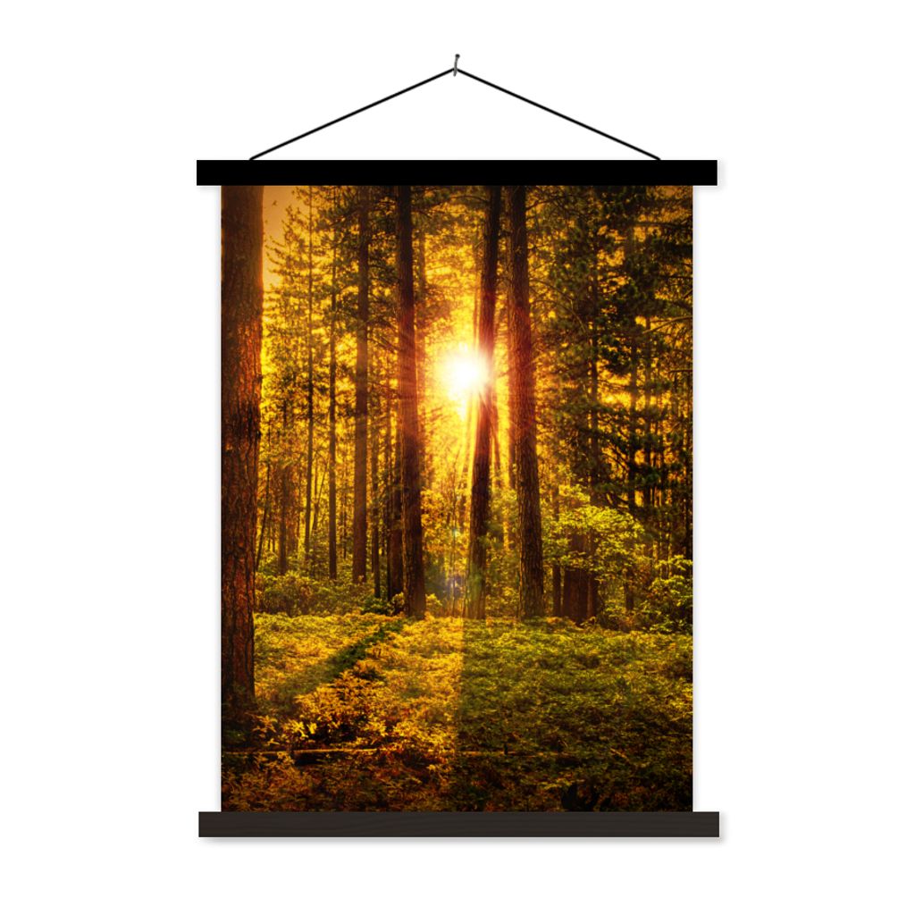 MuchoWow Textilposter Wald - Sonne - Bäume - Natur - Sonnenuntergang 40x53 cm mit schwarzem Rahmen - Abbildung