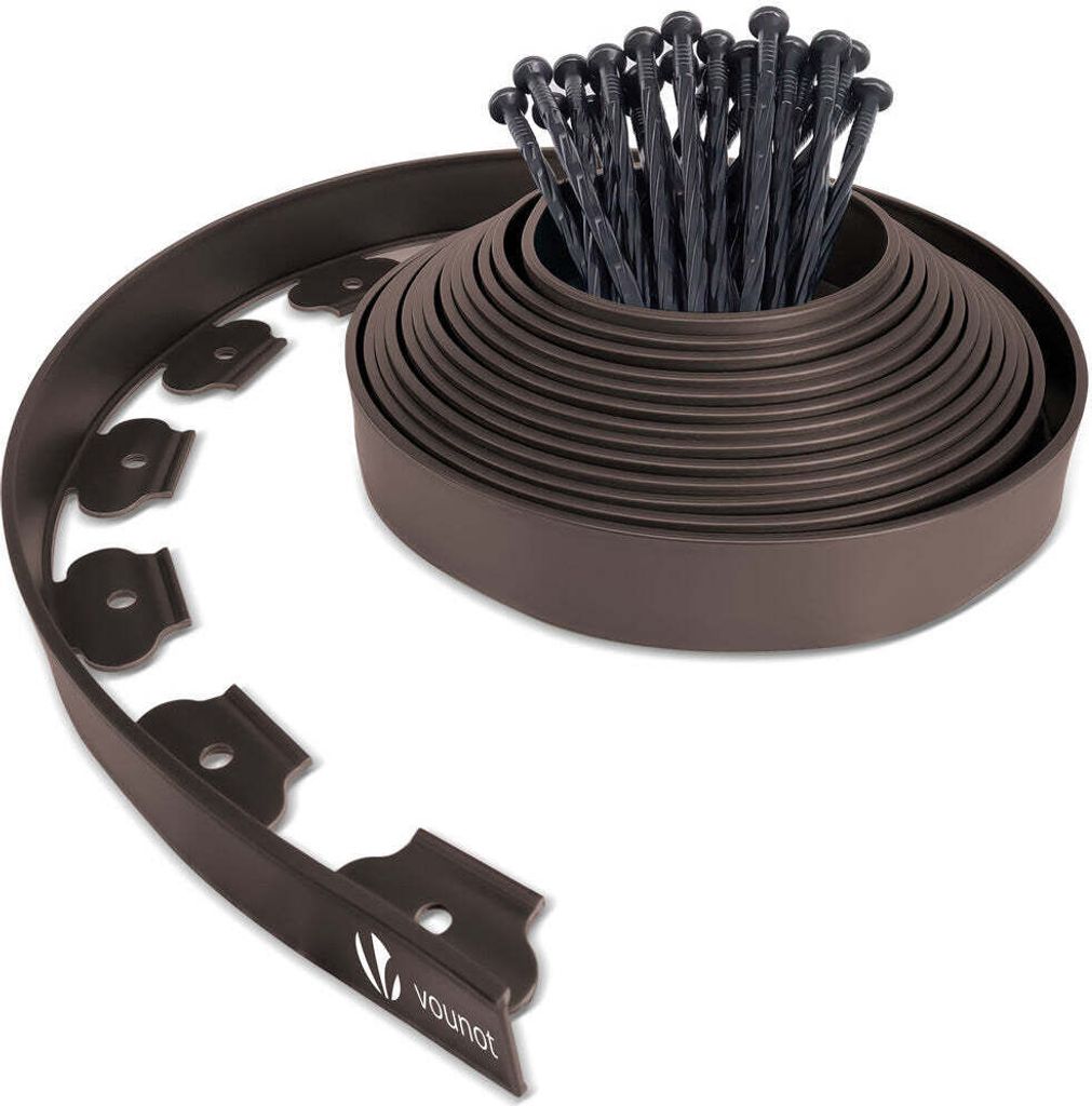 VOUNOT Flexible Rasenkante Beeteinfassungen Kunststoff, mit 30 Erdanker, Länge 10m Höhe 5cm, Braun