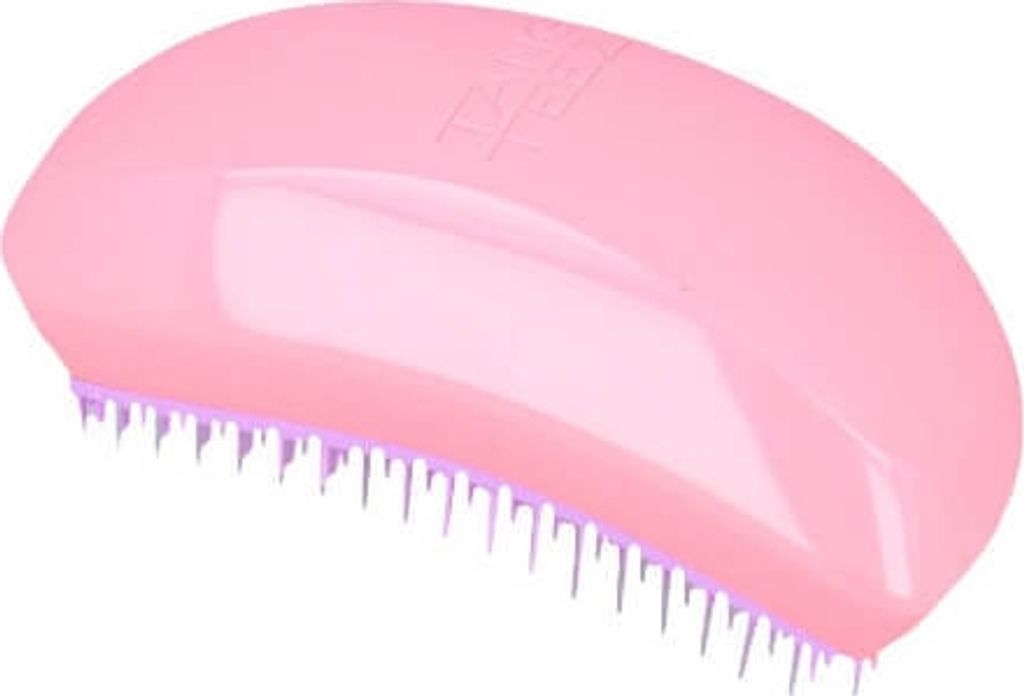 A pink Tangle Teezer hairbrush with lilac bristles.
