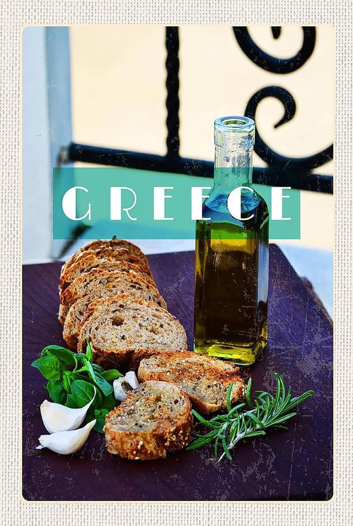 vianmo Holzschild 18x12 cm Greece Griechenland Öl Knoblauch Brot Bildmotiv Reisemotiv Abenteuer Reisen