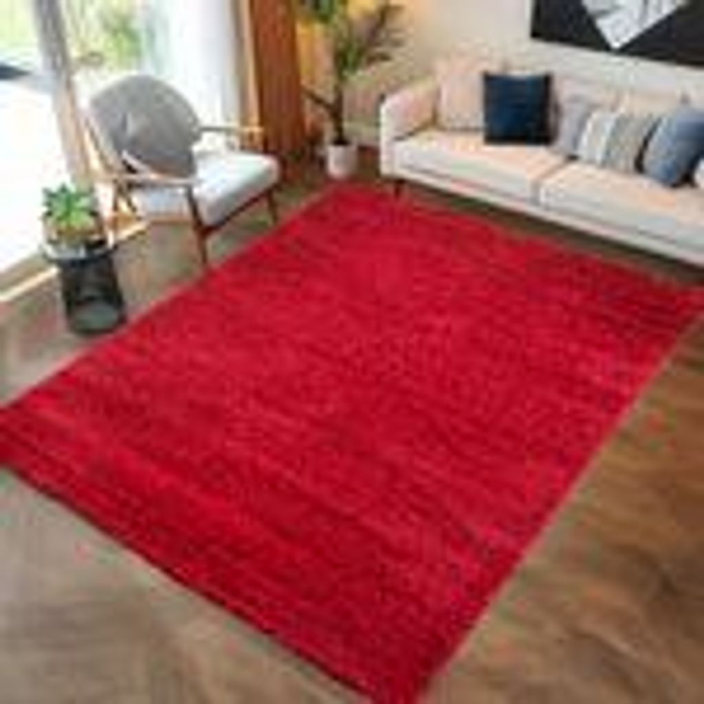 Teppich Wohnzimmer Hochflor Einfarbiges Design Langflor Shaggy Modern Flauschig, Größe: 300 x 400 cm, Farbe: Rot