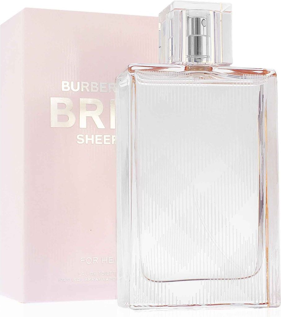 A bottle of Burberry Brit Sheer perfume and its pink box.