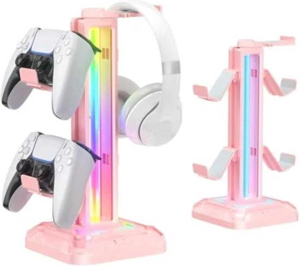 Support casque gamer pour optimiser l'espace bureau, rose et lumineux