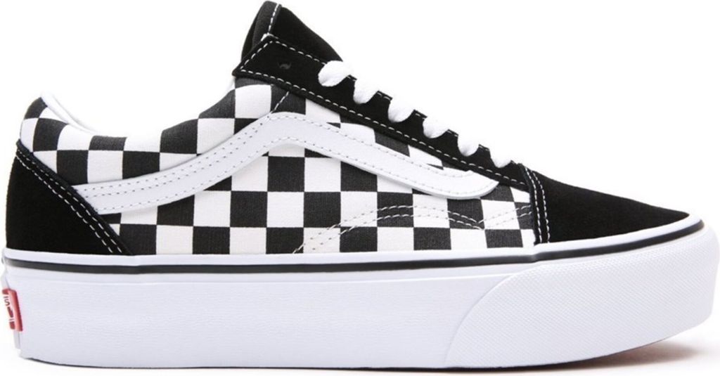 A side view of a black and white checkered Vans Old Skool Platform shoe.