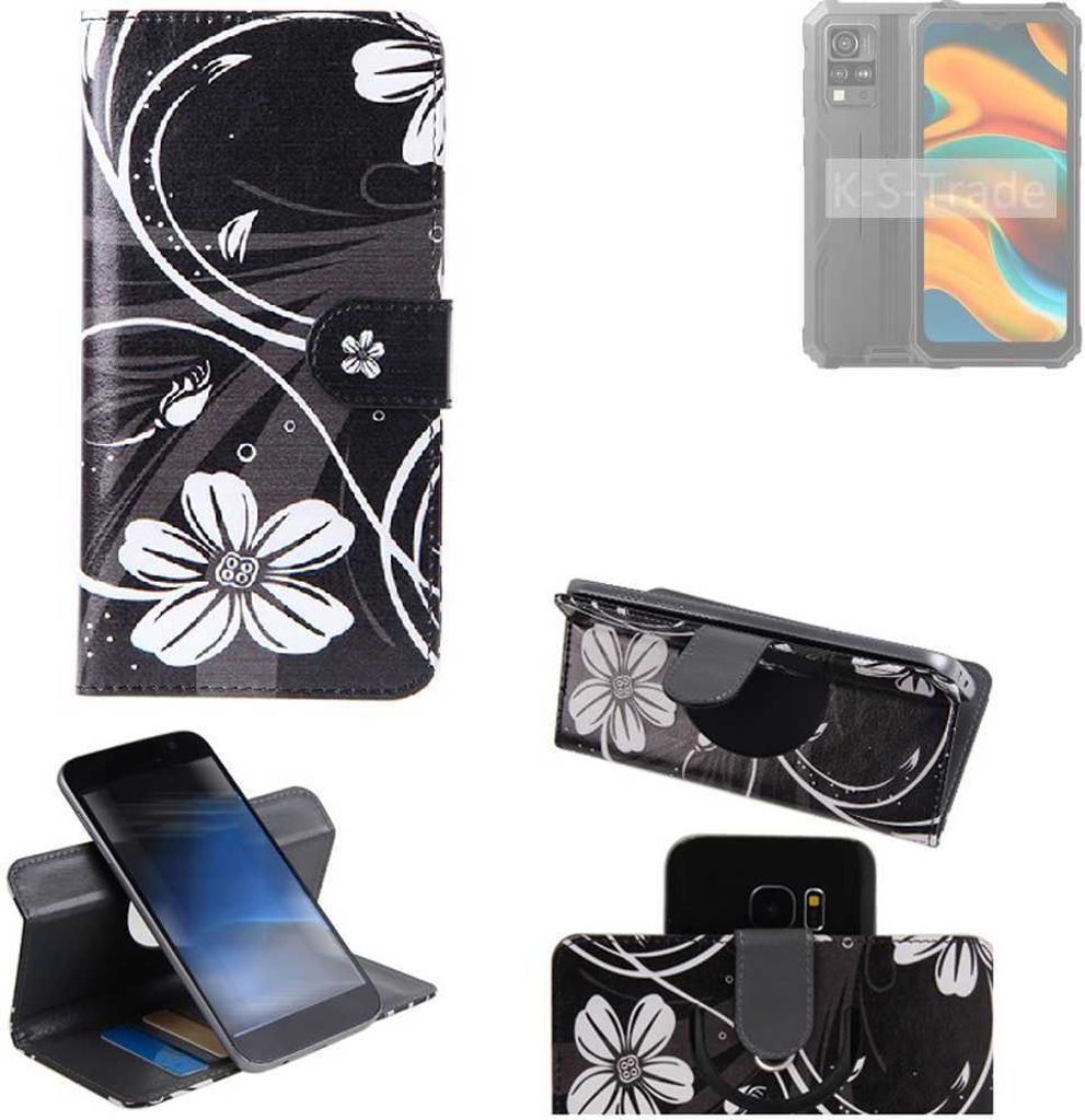 K-S-Trade Schutzhülle Handyhülle kompatibel mit Blackview BV4800 Hülle 360° Wallet Case “Flowers“ Klapphülle Hülle schwarz-weiß 1x