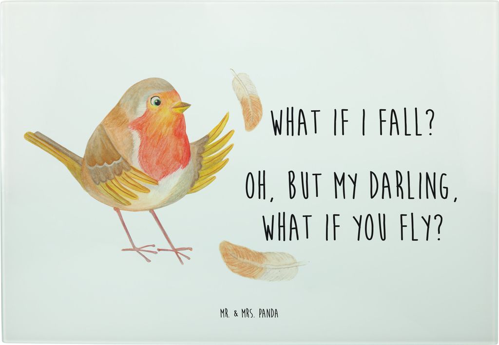 Mr. & Mrs. Panda Schneidebrett Rotkehlchen Federn - Weiß - Geschenk, Glas, Lustige Sprüche, Vogel, Brotzeitplatte, Spruch Motivation, fliegen, Mo...