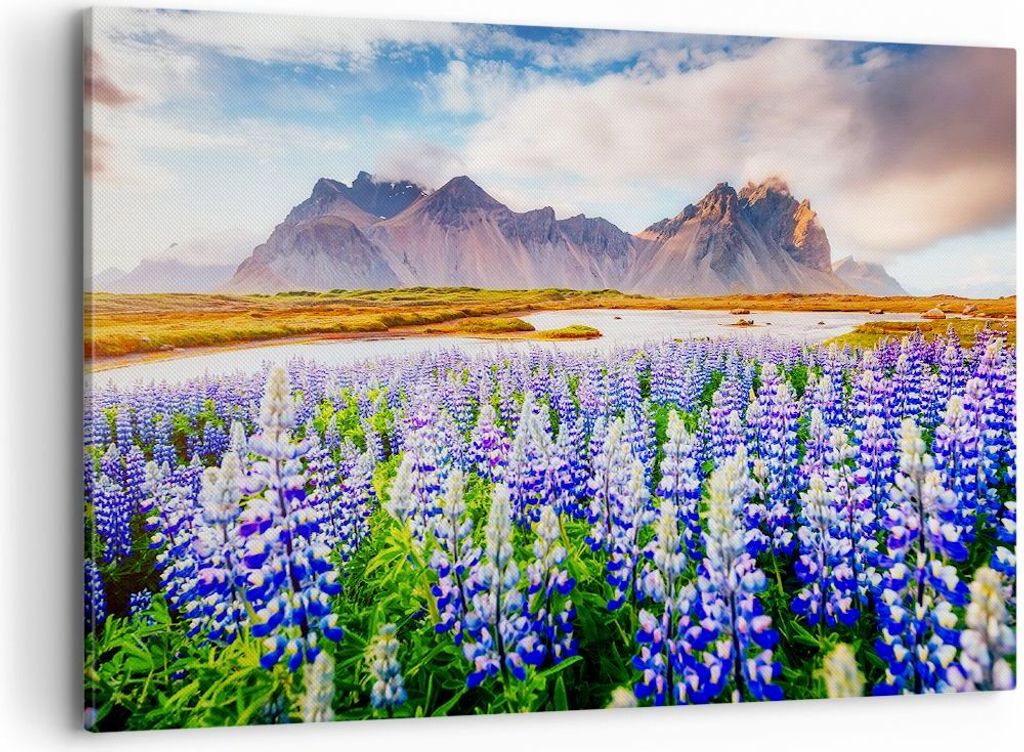 Bild auf Leinwand - Leinwandbild - Berge Wiese Blumen - 100x70cm - Wand Bild - Wanddeko - Leinwanddruck - Bilder - Kunstdruck - Wanddekoration - Le...