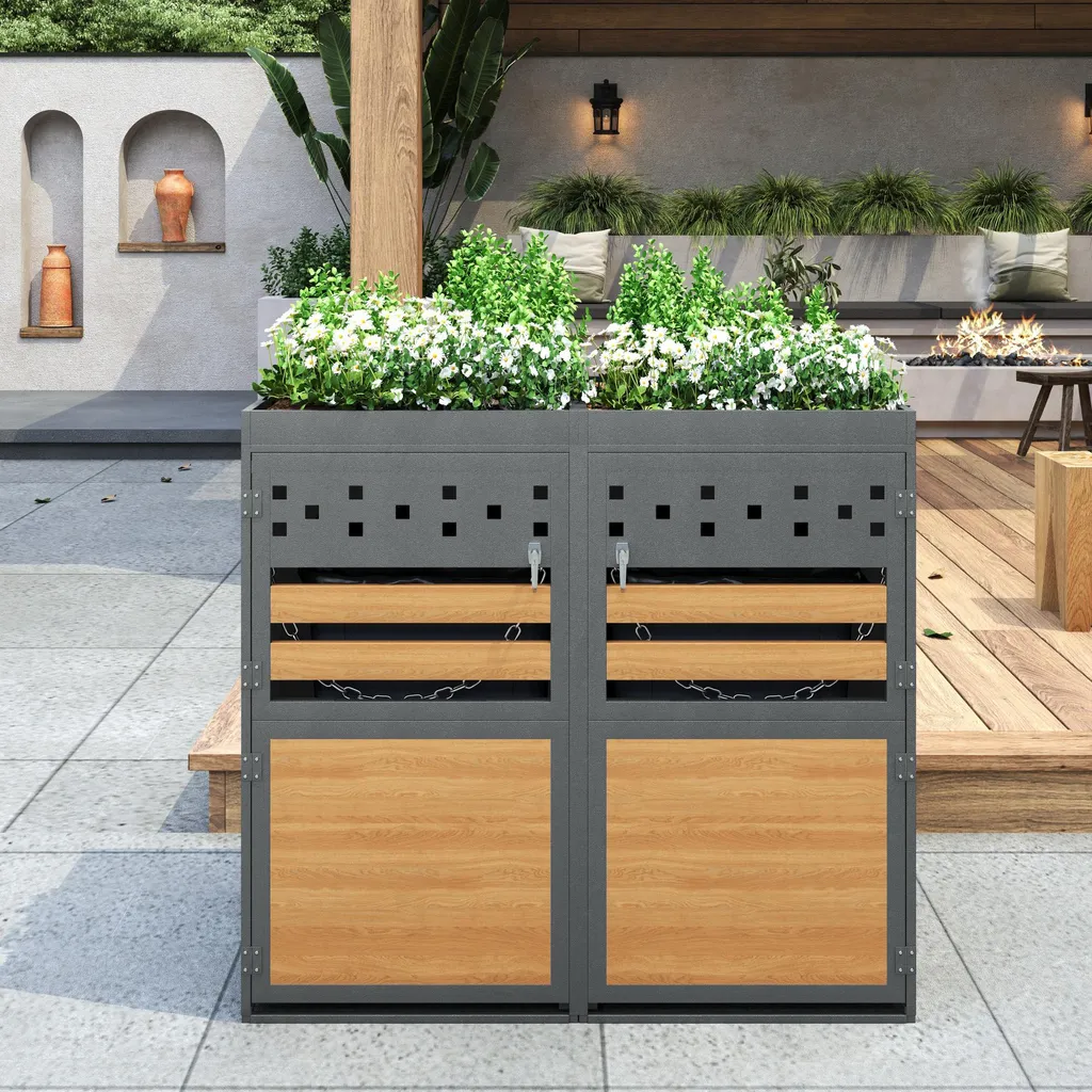 Cache-poubelle double en bois avec toit végétalisé pour jardin moderne