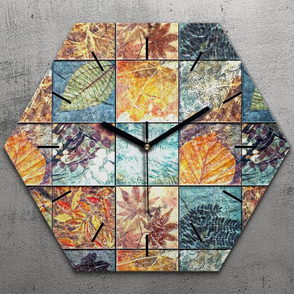 Uhr hexagonal 40 cm Glas Geräuschlos schwarze Zeiger - Kacheln Abstrakt