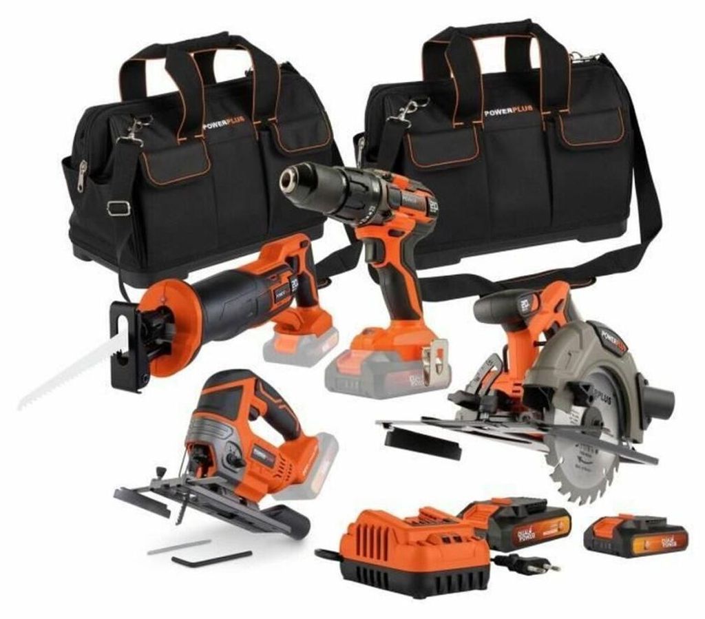 Dual Power 4-teiliges Werkzeugset ? Dual Power ? 20 V ? Bohrschrauber + Sägen (Stichsäge, Säbelsäge, Kreissäge) ? 2 Akkus und Ladegerät