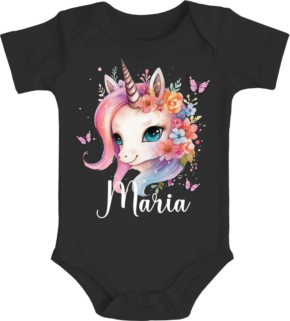 Baby Body mit Namen bedruckt Einhorn Motiv personalisierbar Geschenk Geburt Taufe kurzarm Baumwolle SpecialMe schwarz 0-3 Monate