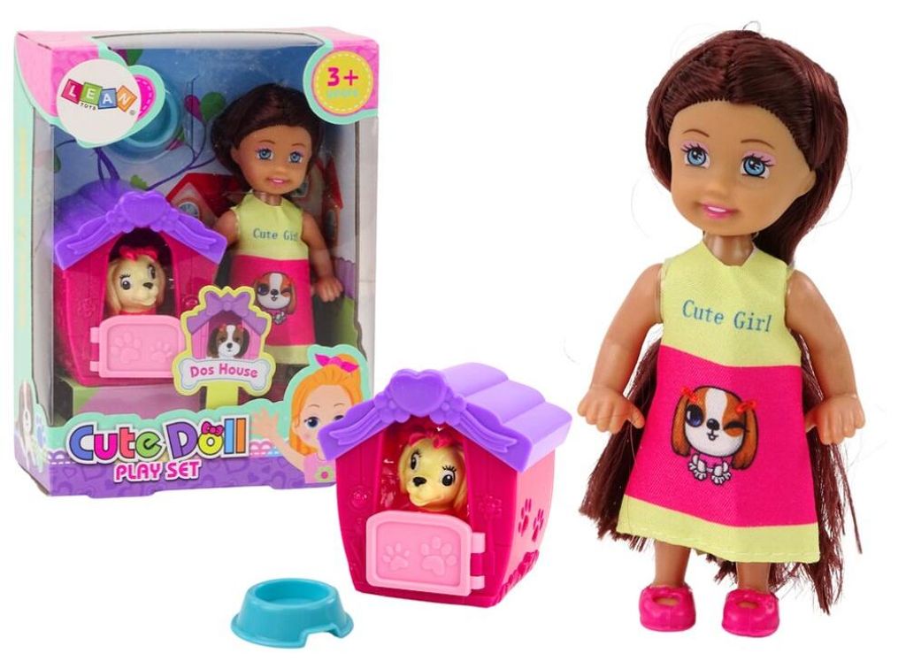 Leantoys Mini Laleczka D?ugie W?osy Sukienka Kolorowa Piesek Buda