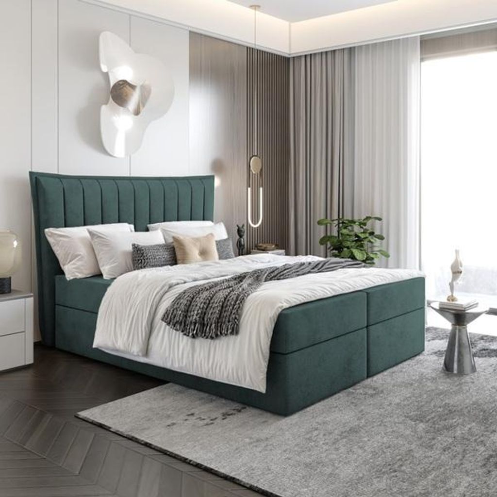 Bett Boxspringbett LUNA ohne Topper mit Bettkästen - Doppelbett, Stauraum, Schlafzimmer, Polsterbett, Bettgestell (140x200, Grün - ITAKA 10)