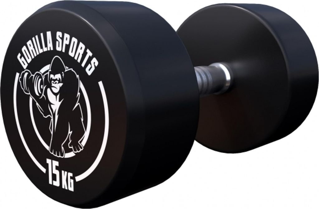 A black dumbbell with white branding and weight marking.