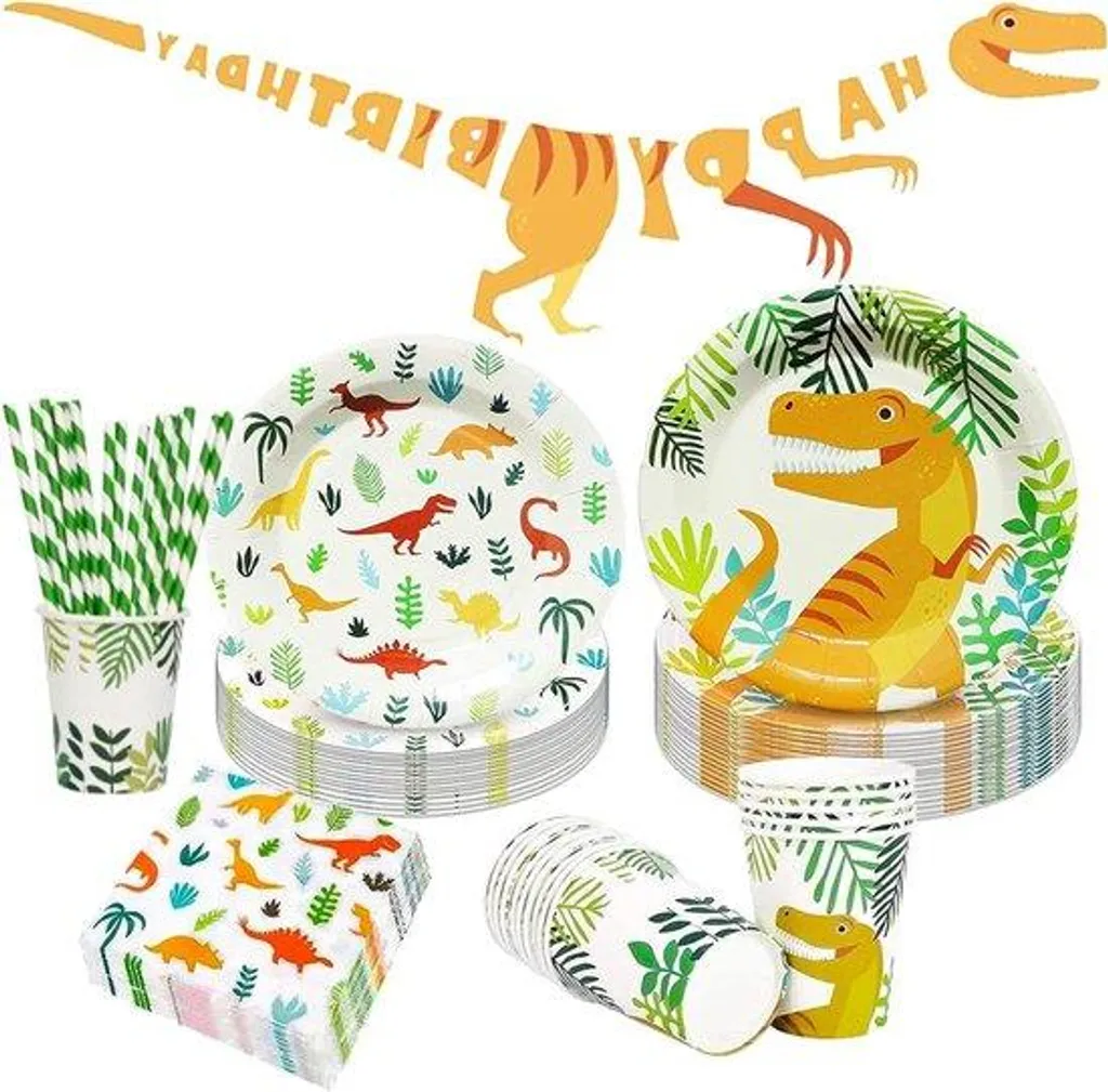 Vaisselle jetable anniversaire dinosaure : kit de fête pour 25 personnes