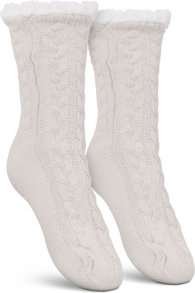 Haussocken (Weiß / 1 Paar) Damen mit Teddyfutter - Hüttensocken mit Anti-Rutsch-Sohle - ABS Norweger Socken Zopfmuster - Kuschelsocken Einheitsgr...
