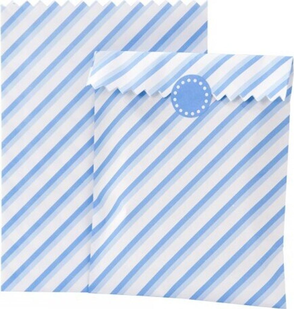 10 Tüten + Sticker blau weiss gestreift 21 x 15 cm