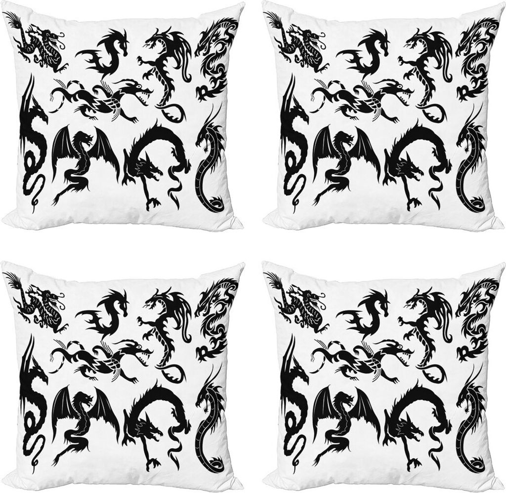 ABAKUHAUS japanische Drachen Kissenbezug Set (4 Stück), Oriental Monochrome, Moderner Doppelseitiger Digitaldruck, 40 cm x 40 cm, Schwarz-Weiss