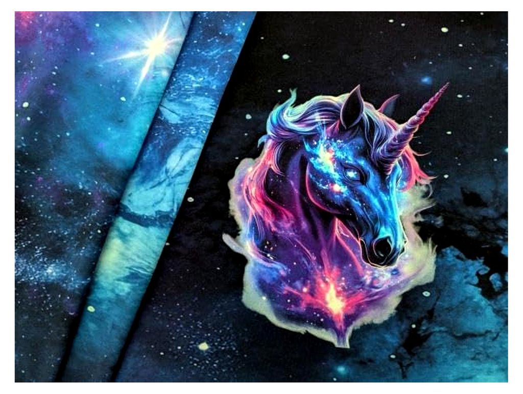 French Terry Panel Fantasy Einhorn in Galaxie auf Nachtblau 75 x 165 cm Stoff Meterware 95% Baumwolle 5% Elasthan