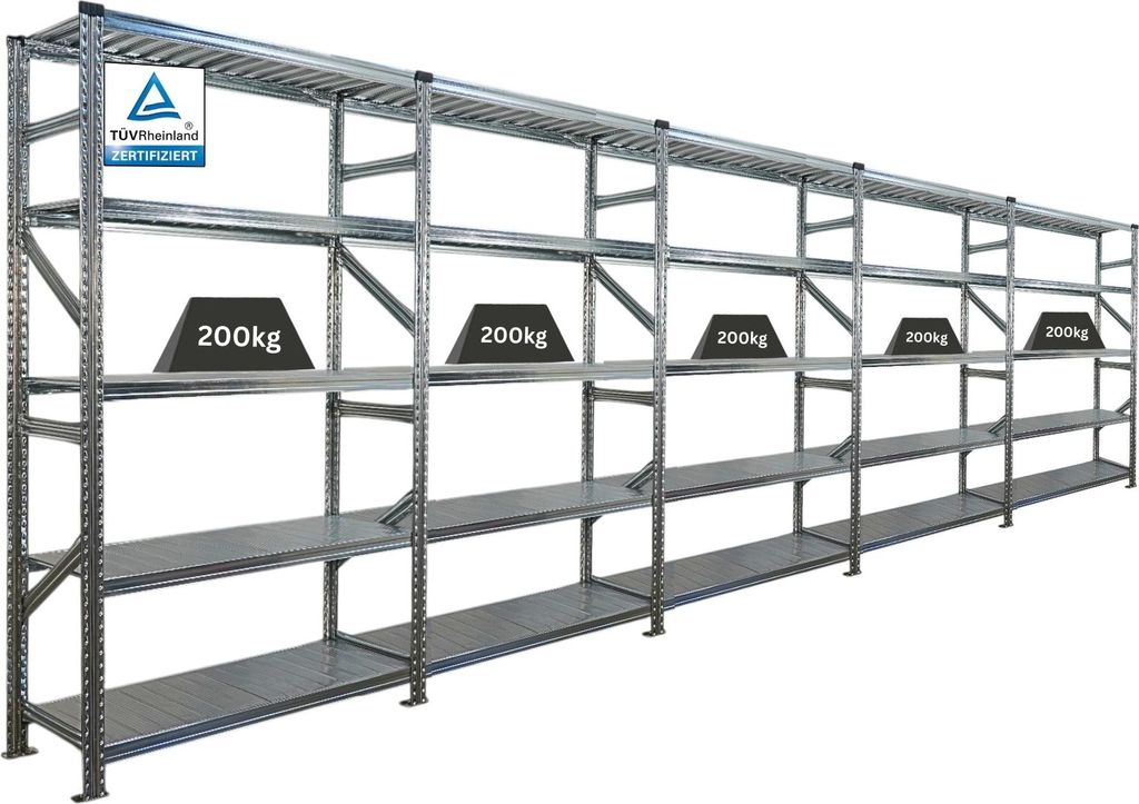 Fachbodenregal PROXIMO mit Stecksystem | Komplettregal | HxBxT 200x600x50cm | 5 Ebenen | Fachlast 200 kg | Beidseitig nutzbar | Verzinkt