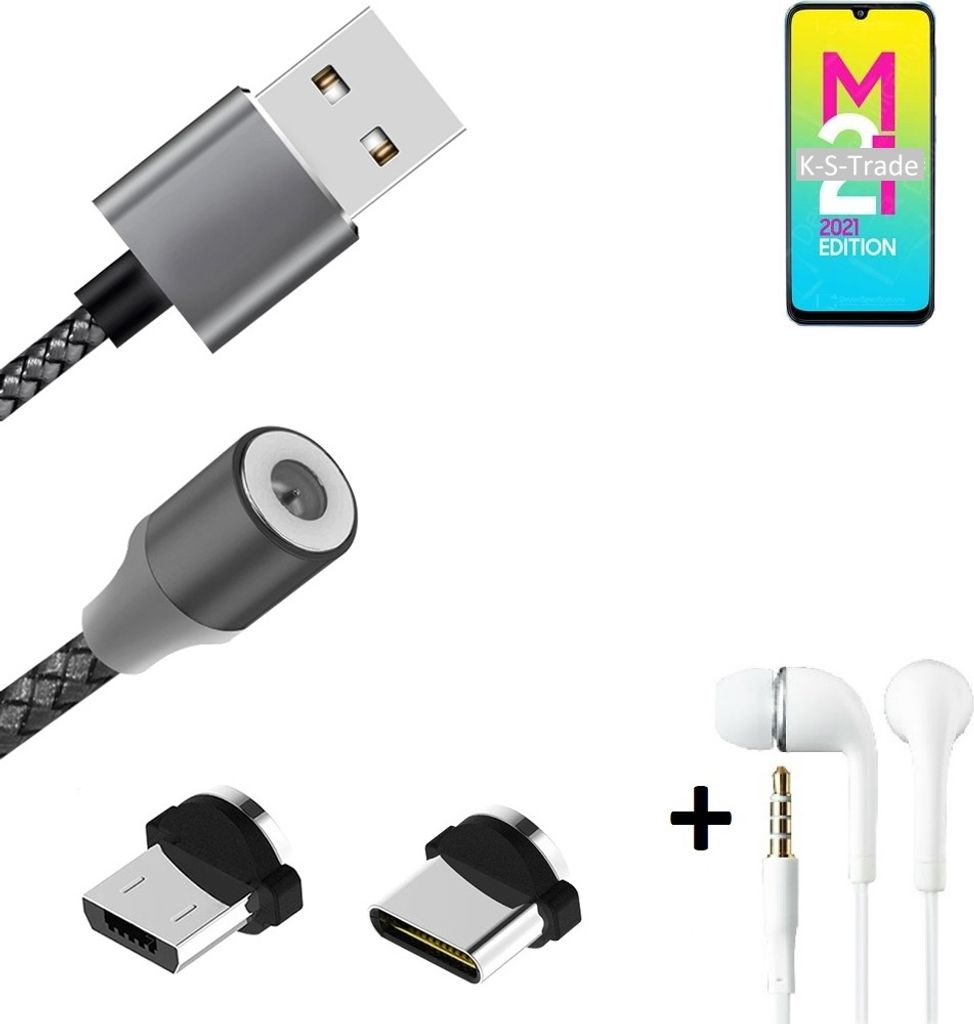 K-S-Trade Hochwertiges Magnet-Lade-kabel Sync-Kabel Daten-Kabel + Kopfhörer kompatibel mit Samsung Galaxy M21 2021 mit USB-Typ-C-Anschluss und
