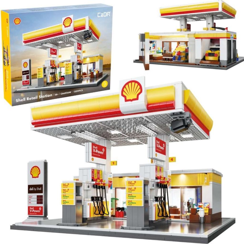 A collage of images showing a Shell gas station building toy set, including the box and assembled models.