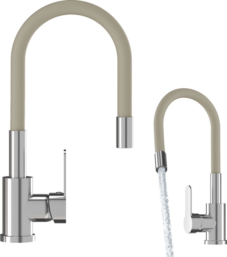 Two kitchen faucets are shown against a white background. One faucet is in its standard position, while the other is shown with water flowing from its spout.