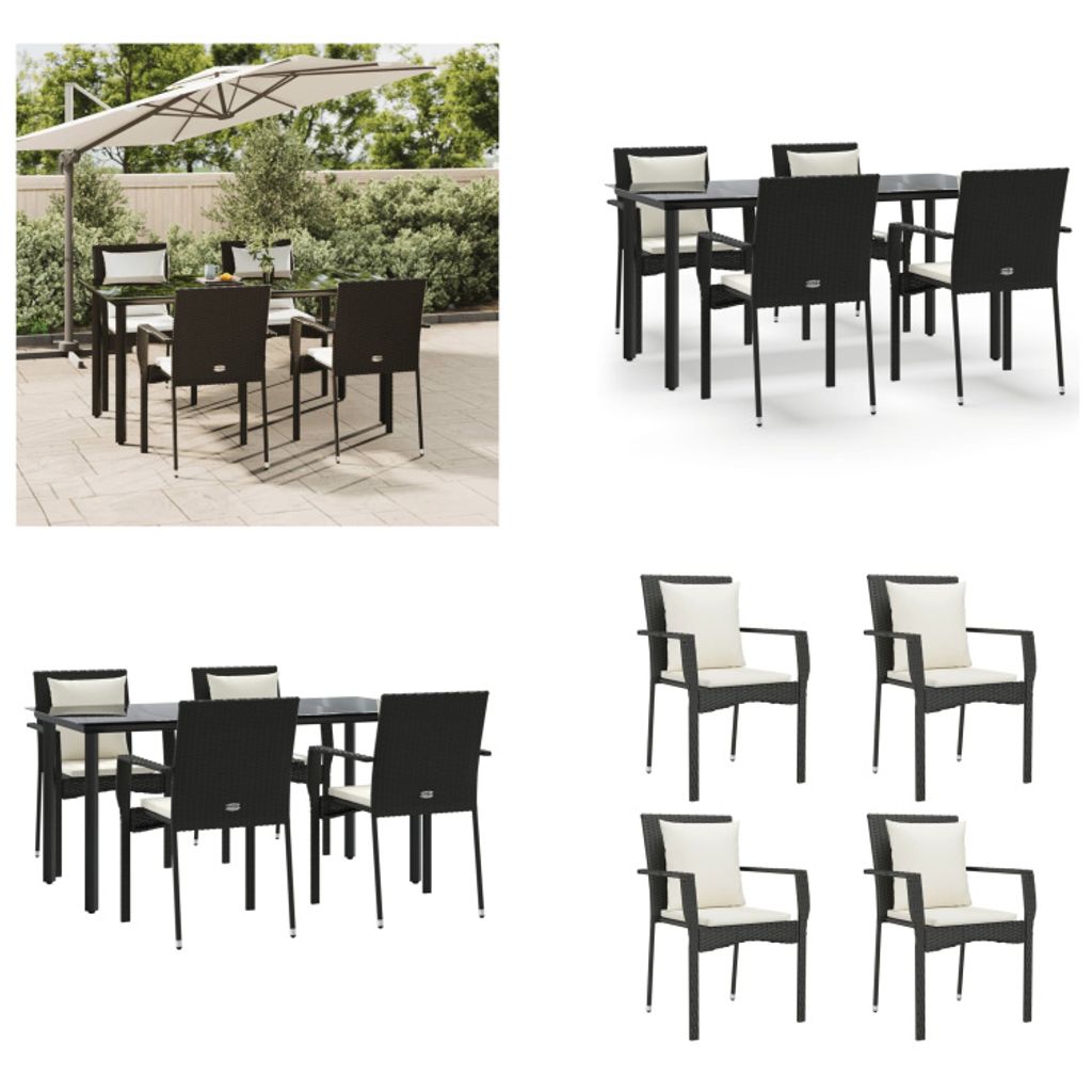 vidaXL 5 tlg. Garten Essgruppe mit Kissen Schwarz Poly Rattan - Garten Essgruppe - Garten Essgruppen - Essgruppe - Essgruppe Terrasse
