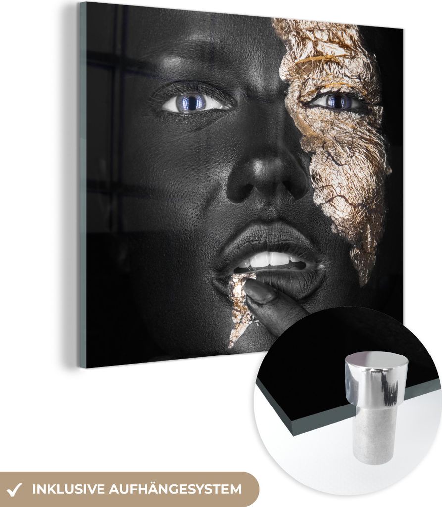 MuchoWow Glasbilder - Bilder auf Wandbild - Foto auf Glas Frau - Blattgold - Schwarz - Haut - Luxus 90x90 cm Wanddekoration aus Glas - Acrylglasbil...