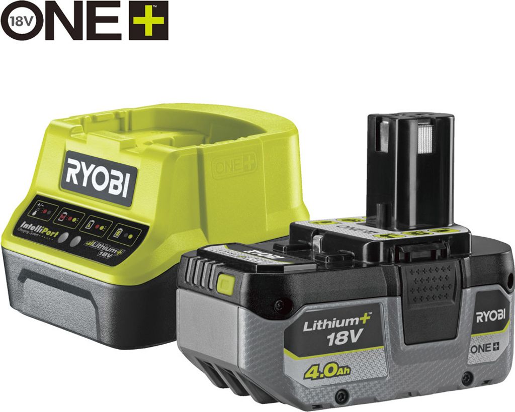A Ryobi 18V lithium-ion battery and charger set.