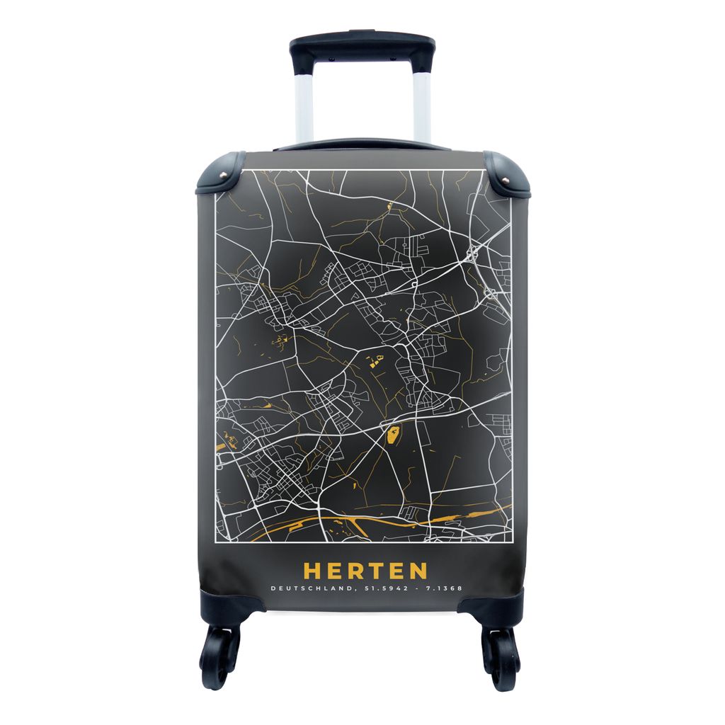 MuchoWow Koffer Handgepäck Trolley Rollkoffer Kleine Reisekoffer mit 4 Rollen - Schwarz und Gold - Stadtplan - Rotwild - Deutschland - Karte - C...