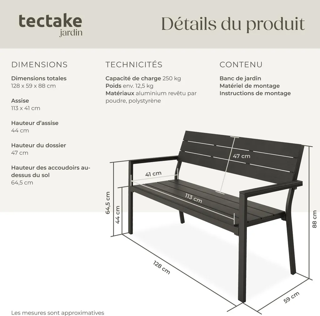 Banc d'extérieur 2 places en métal gris anthracite pour terrasse et parc