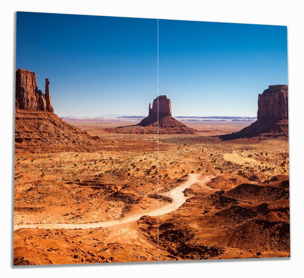 Wallario Herdabdeckplatte aus Glas, Größe 60 x 52 cm 2-teilig, Motiv Monument Valley unter blauem Himmel