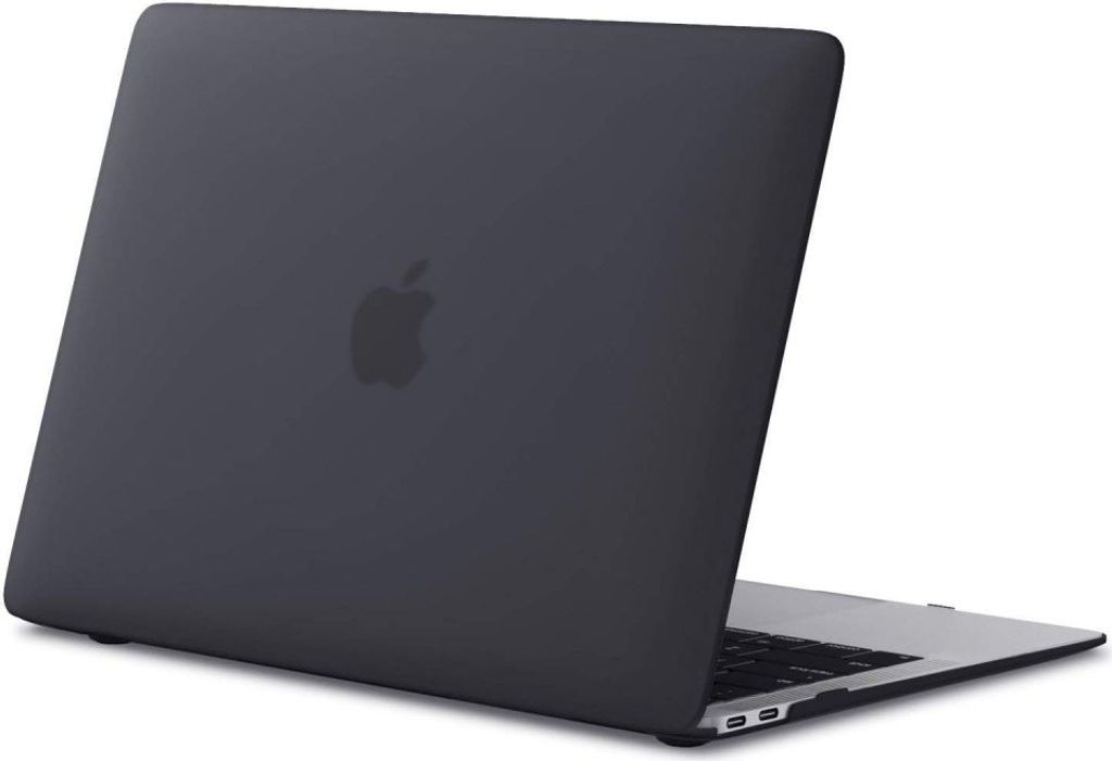 The back of a closed dark gray MacBook Air laptop with the Apple logo visible.