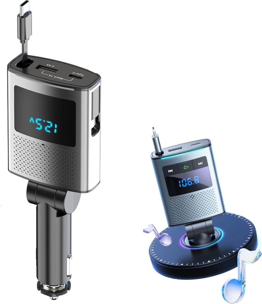 OKWISH KFZ-Ladekabel, 65W Auto-Schnellladegerät mit ausziehbarem Kabel, Auto-Ladegerät, Intelligente Doppel-Ladestation für iPhone, Huawei