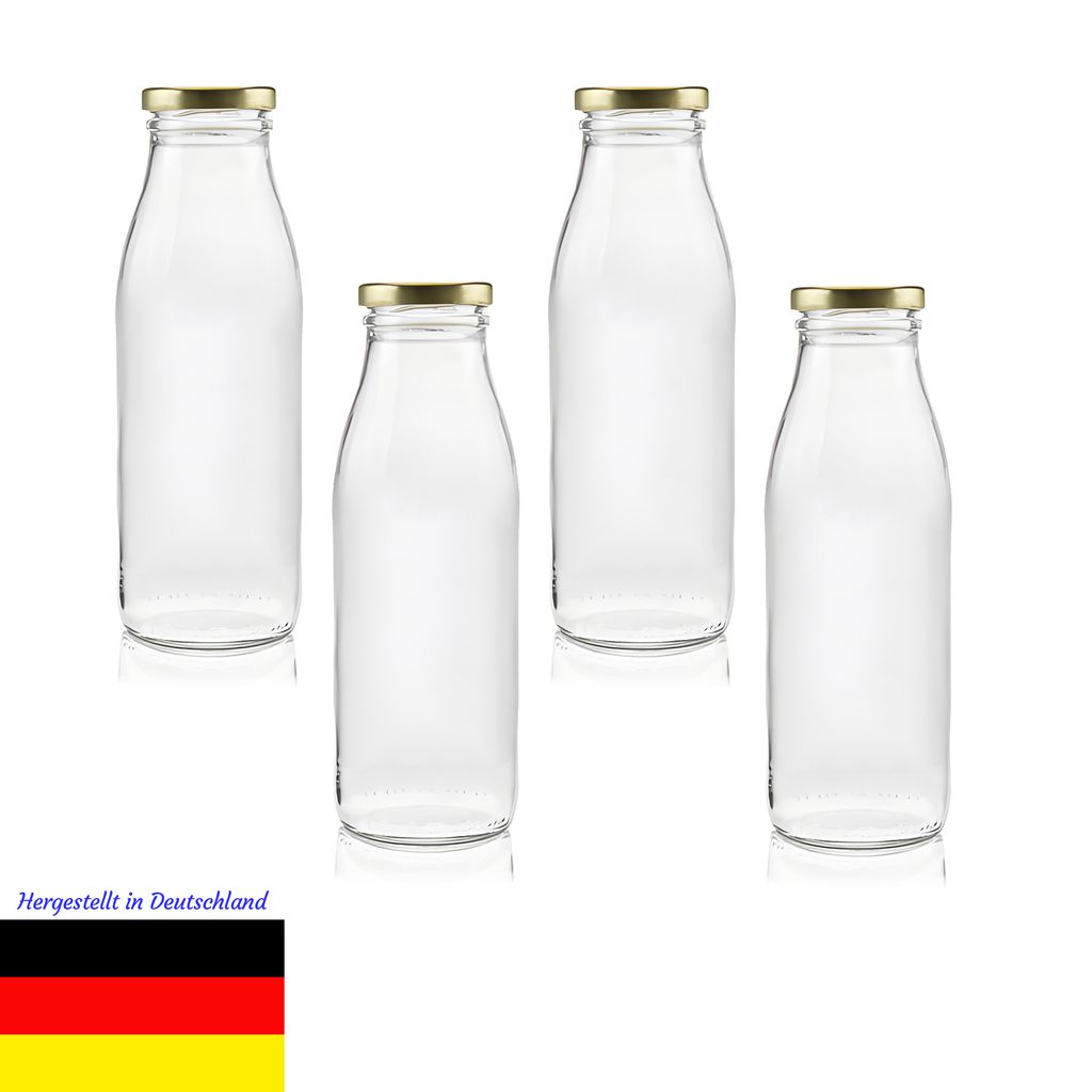 Milchflasche Glas 500ml – 4er Set – Weithalsöffnung 48mm – Wiederverwendbar – Für Säfte, Milch, Kefir, Kombucha – Spülmaschinengeeignet