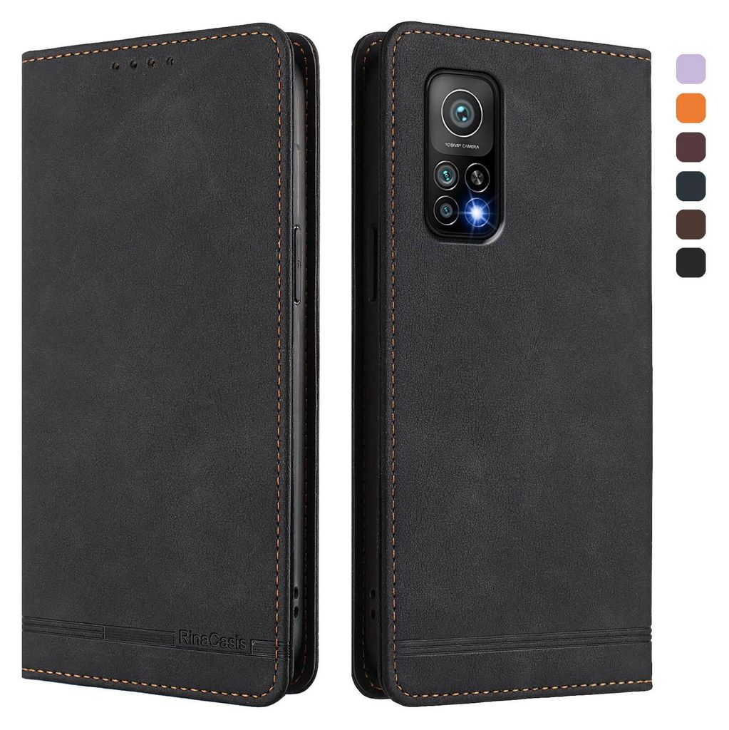 Hülle für Xiaomi Mi 10T / Mi 10T Pro, Retro Kunstleder Ständer Klapphülle mit Kartenfächer und Magnetische Schwarz