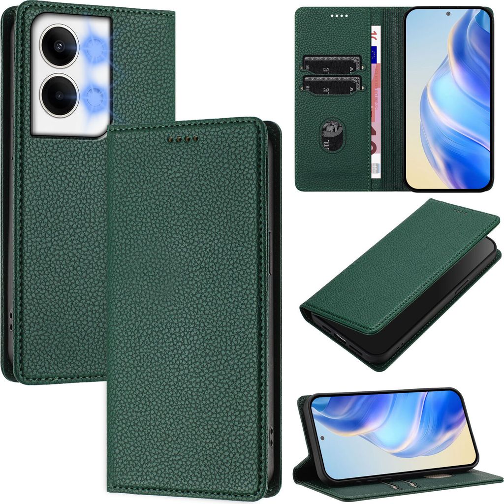 Litchi Leder Handyhülle für Oppo Reno9 / Reno9 Pro Wallet Kartenfächer Standfunktion Hülle Grün