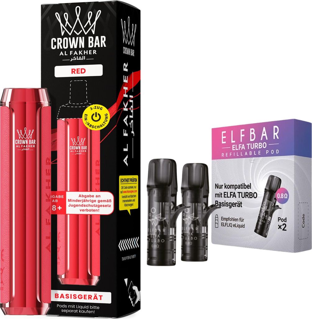 Al Fakher Crown Bar 600 Pod Kit Rot – 500 mAh Akkuträger inkl. 2 x 0,8 Ohm Leerpods, USB-C, 2 ml Pod System, DTL & MTL, wiederaufladbar, ohne Li...