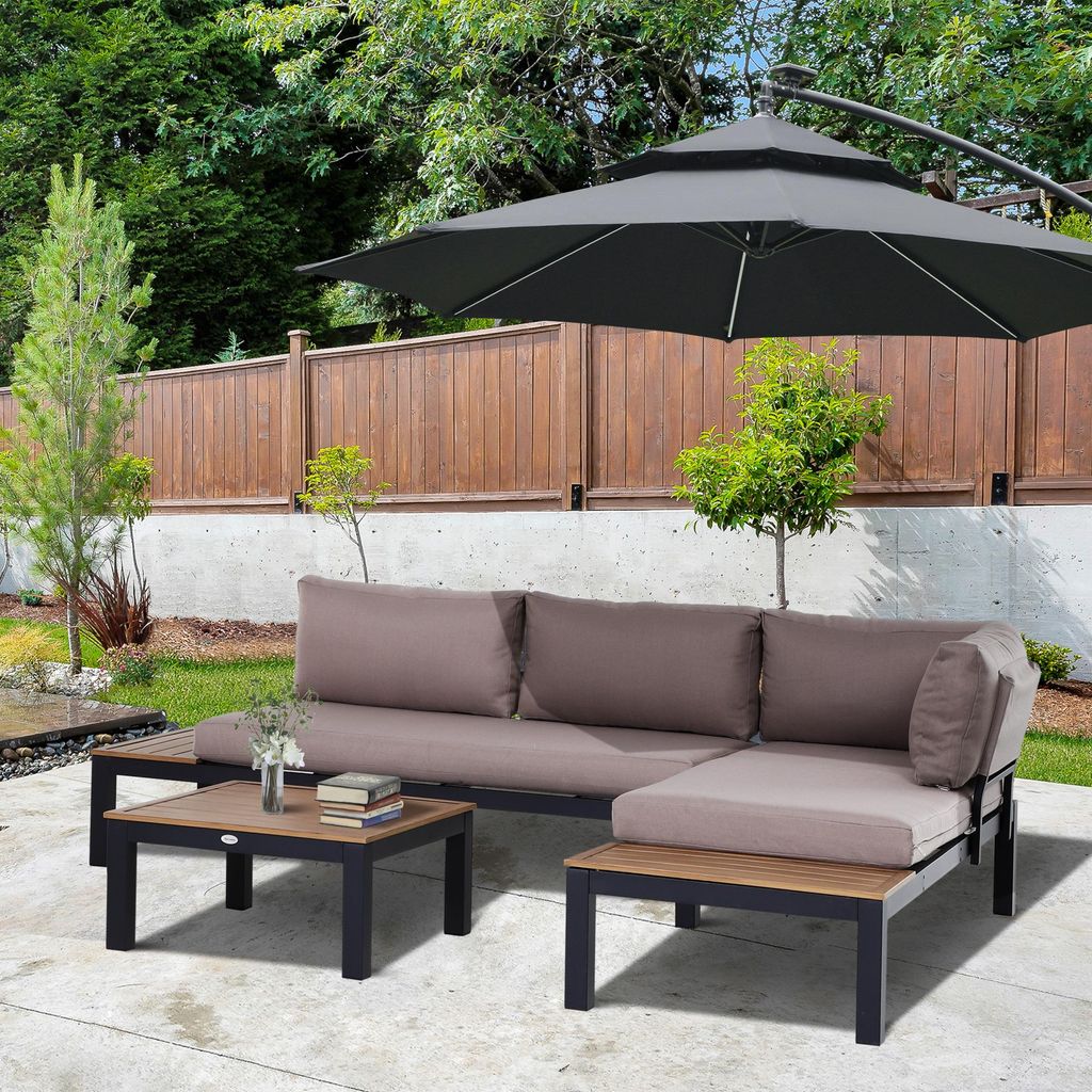 Outsunny 3-teiliges Gartenmöbel-Set – mit Sofa, Kissen & Beistelltisch, aus Aluminium, ideal für Outdoor & Terrasse