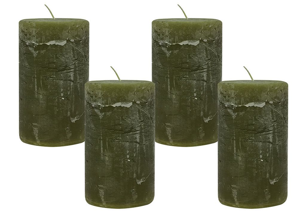 4 Rustic Stumpenkerzen Premium Kerze Dunkelgrün Oliv 7x12cm - 55 Std Brenndauer
