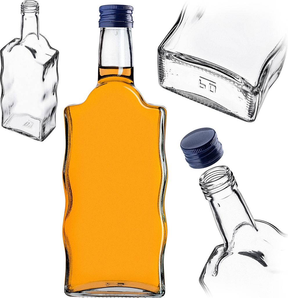 A collage of glass bottles, one filled with orange liquid and capped, and others shown empty or with a cap.