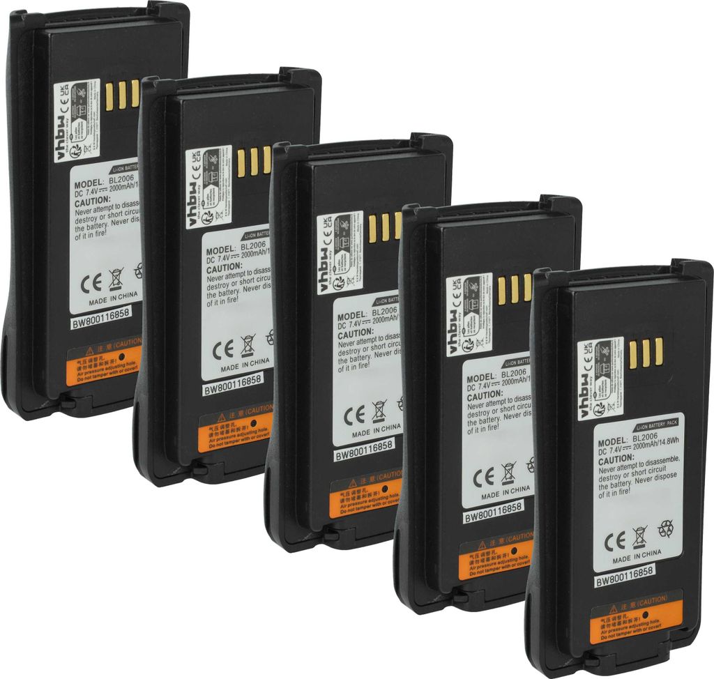 vhbw 5x Akku kompatibel mit HYT PD-506, PD-606, PD700, DMR PD-782, PD-502, DMR PD-702, PD-700 Funkgerät, Walkie Talkie (2000 mAh, 7,4 V, Li-Ion)