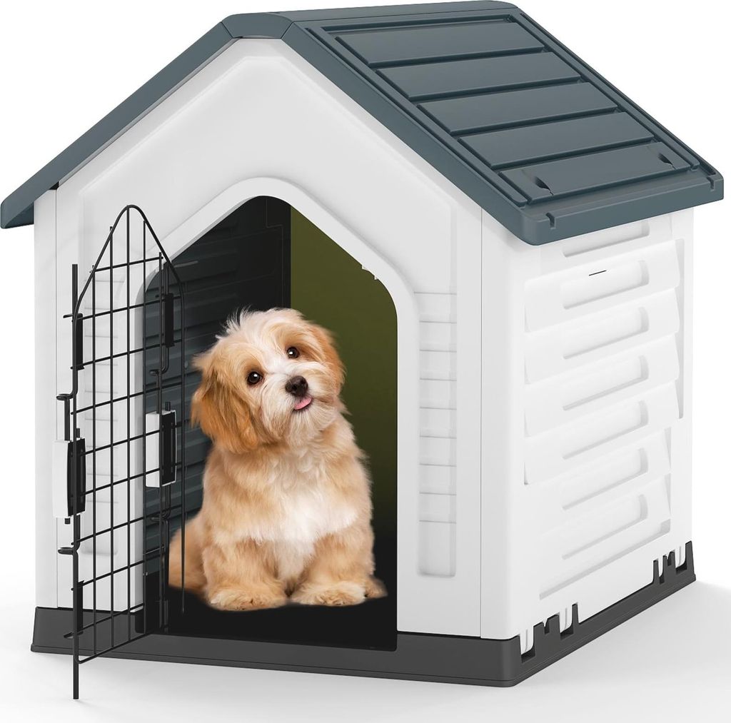 GOPLUS Hundehütte Outdoor, Hundehütte wetterfest mit verschließbarer Gittertür & erhöhter Boden, Luftventile, Haustierhaus Zuhause für Hunde ...