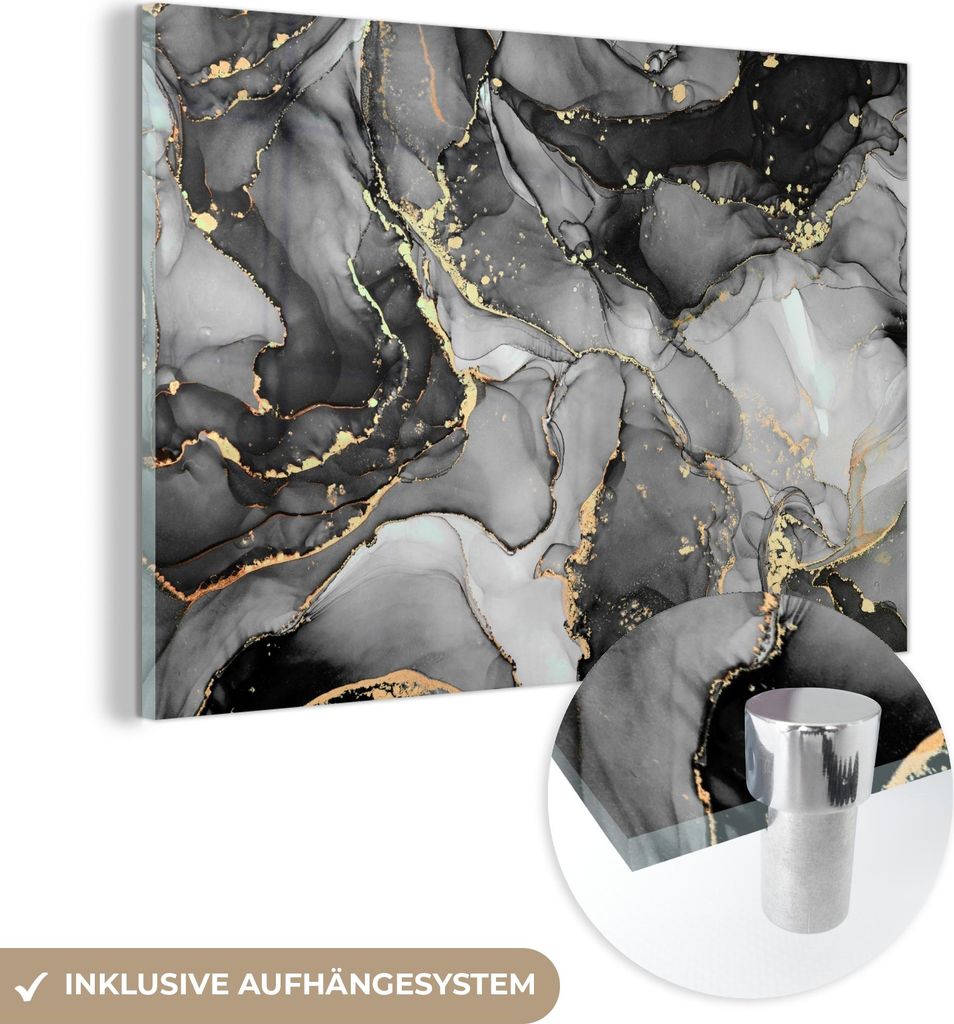 MuchoWow Glasbilder - Bilder auf Wandbild - Foto auf Glas Marmor - Schwarz - Gold - Grau 60x40 cm Wanddekoration aus Glas - Acrylglasbild - Acrylbi...