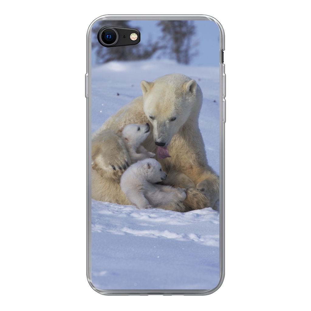 MuchoWow Handyhülle Schutzhülle Hülle für iPhone SE 2020 Eisbären - Schnee - Weiß Silikon Softcase Handy Hülle - Kartenbesitzer