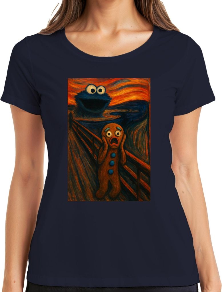 Lebkuchenmann Schrei Keksmonster Abendrot Grusel Karneval Fasching Damen T-Shirt, Navy, M